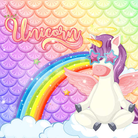 Unicorn font with cute unicorn cartoon character on rainbow fish scales background illustrationのイラスト素材