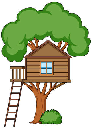 Tree with tree house cartoon style isolated on white background illustrationのイラスト素材