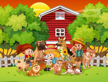 House outdoor scene with many children and their pet illustrationのイラスト素材