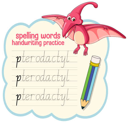 Spelling words dinosaur handwriting practice worksheet illustrationのイラスト素材