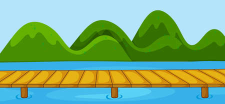 Empty park scene with bridge cross river in simple style  illustrationのイラスト素材