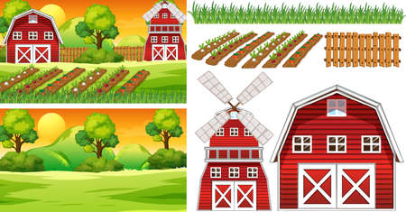Farm element set isolated with farm scence illustrationのイラスト素材