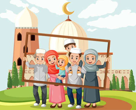 Happy family holding photo frame with mosque on the background illustrationのイラスト素材