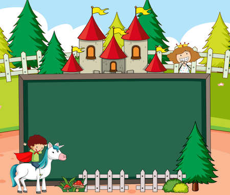 Empty chalkboard banner in the forest scene with fairy tale cartoon character and elements illustrationのイラスト素材