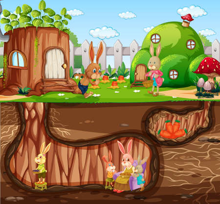 Underground rabbit hole with ground surface of the garden scene illustrationのイラスト素材