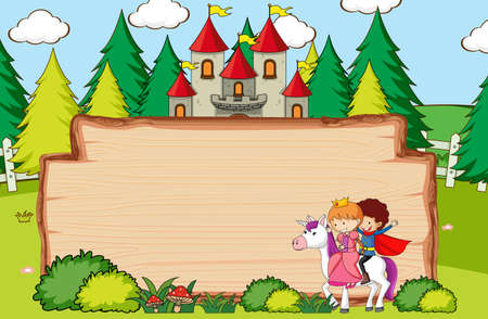 Empty wooden banner in the forest scene with fairy tale cartoon character and elements illustrationのイラスト素材