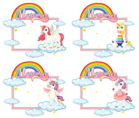 Set of empty banner with cute unicorn cartoon character on white background illustrationのイラスト素材