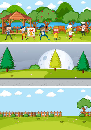 Set of different horizontal scenes background with doodle kids cartoon character illustrationのイラスト素材