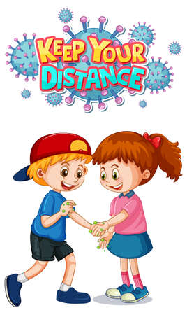 Keep Your Distance font in cartoon style with two kids do not keep social distance isolated on white background illustrationのイラスト素材