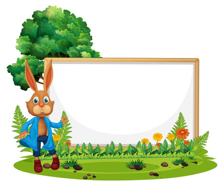 Blank banner in the garden with a rabbit isolated illustrationのイラスト素材
