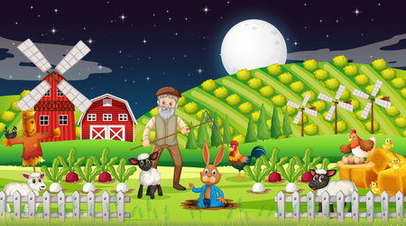 Farm at night scene with old farmer man and farm animals illustrationのイラスト素材