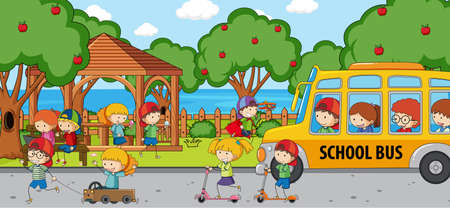 Playground scene with many kids doodle cartoon character illustration