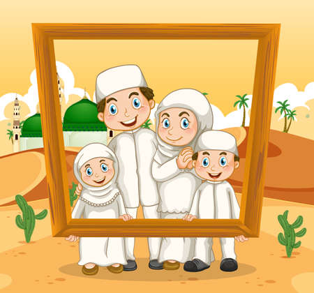 Happy family holding photo frame with mosque on the background illustrationのイラスト素材