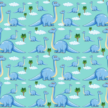 Seamless pattern with brachiosaurus dinosaurs and tree on blue background illustrationのイラスト素材