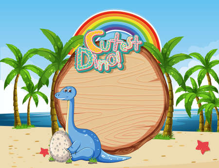 Beach scene with empty board template and cute dinosaur cartoon character illustrationのイラスト素材
