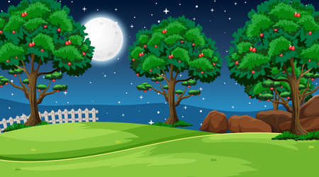 Blank nature park landscape scene at night time illustrationのイラスト素材