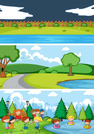 Set of different horizontal scenes background with doodle kids cartoon character illustrationのイラスト素材