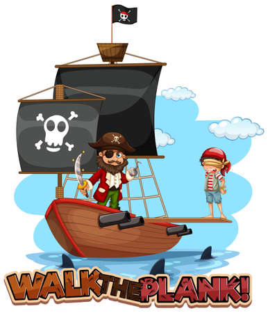 Walk the plank font banner with pirate cartoon character with pirate ship illustrationのイラスト素材