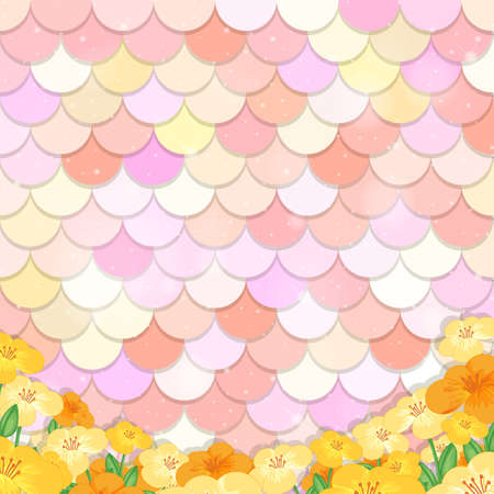 Pastel mermaid scale pattern with many flowers illustrationのイラスト素材