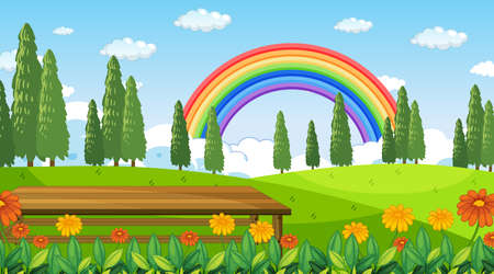 Nature park scene background with rainbow in the sky illustrationのイラスト素材