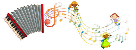 Accordion musical instrument with kids and melody symbols illustrationのイラスト素材