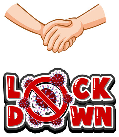 Lockdown font design with virus spreads from shaking hands on white background illustrationのイラスト素材