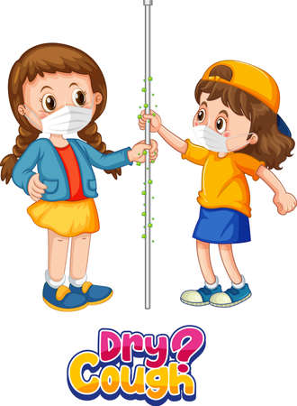 Two kids cartoon character do not keep social distance with Dry Cough font isolated on white background illustrationのイラスト素材