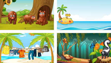 Four different nature horizontal scene illustrationのイラスト素材