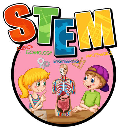 STEM education logo with children cartoon character illustrationのイラスト素材