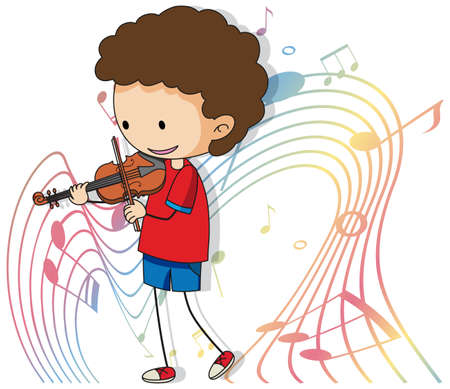 Cartoon doodle a boy playing violin with melody symbols on white background illustrationのイラスト素材