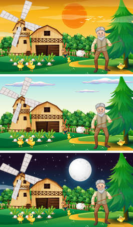 Different farm scenes with old farmer and animal cartoon character illustrationのイラスト素材