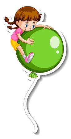 Sticker template with a girl flying with many balloons isolated illustrationのイラスト素材