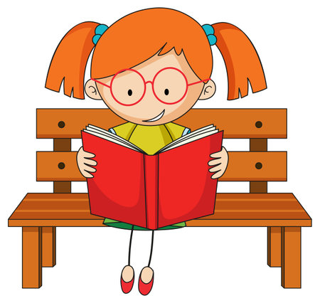 Cute girl reading book doodle cartoon character illustrationのイラスト素材