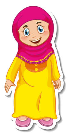 A sticker template with Muslim girl cartoon character illustrationのイラスト素材