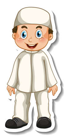 A sticker template with Muslim boy in standing pose cartoon character illustrationのイラスト素材