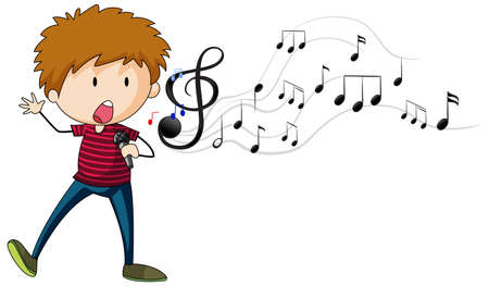 Doodle cartoon character of a singer boy singing with musical melody symbols illustrationのイラスト素材