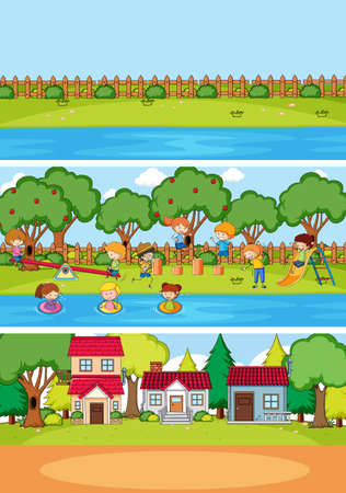 Set of different horizontal scenes background with doodle kids cartoon character illustrationのイラスト素材