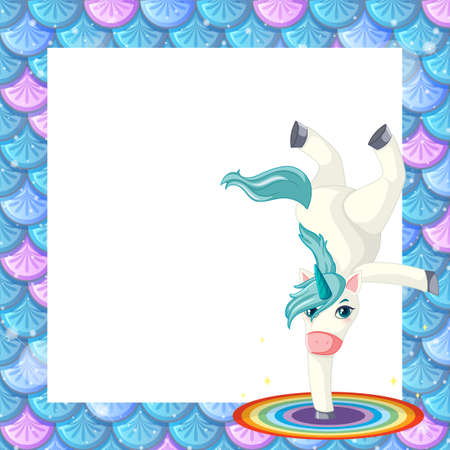 Blank blue fish scales frame template with cute unicorn cartoon character illustrationのイラスト素材