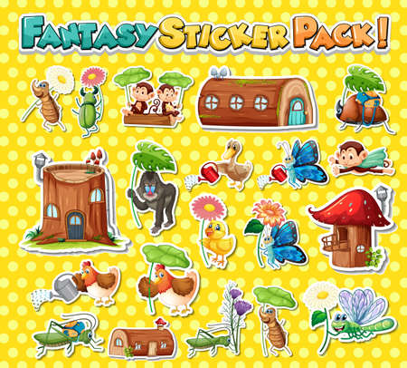 Sticker set with different fantasy cartoon characters illustrationのイラスト素材