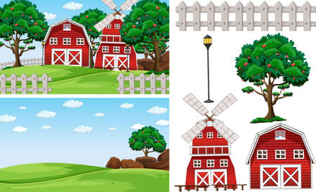 Farm element set isolated with farm scence illustrationのイラスト素材