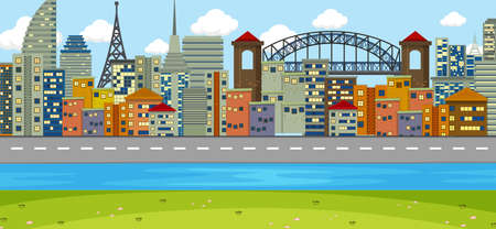 Horizontal scene with river and cityscape background illustrationのイラスト素材