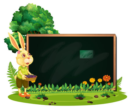 Blank banner in the garden with a rabbit isolated illustrationのイラスト素材