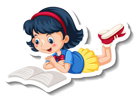 Sticker template with a girl reading a book cartoon character isolated illustrationのイラスト素材