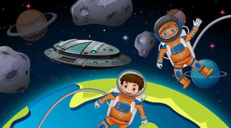 Astronaut kids in the space scene illustrationのイラスト素材