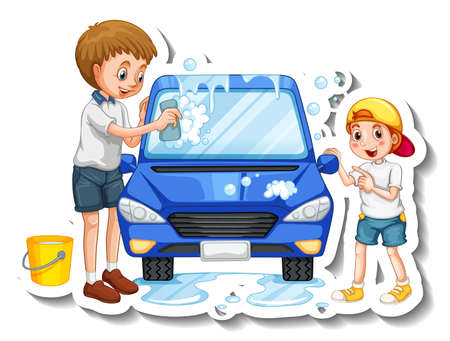 A sticker template with father washing car with his son illustrationのイラスト素材