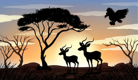 Outdoor nature silhouette sunset scene illustrationのイラスト素材
