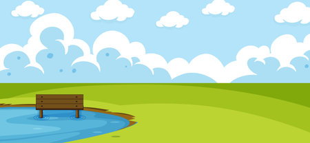Empty park landscape scene with pond in the meadow illustrationのイラスト素材
