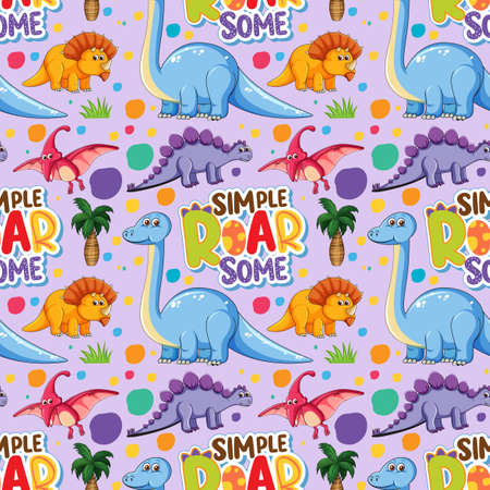 Seamless pattern with cute dinosaurs and font on purple background illustrationのイラスト素材