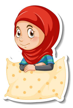 A sticker template with muslim girl hugs a pillow illustrationのイラスト素材
