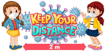 Keep your distance font design with two kids keeping social distance isolated on white background illustrationのイラスト素材